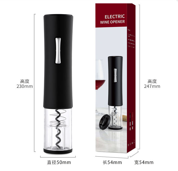 Black electric wine bottle opener with clear corkscrew chamber and foil cutter base
