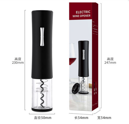 Black electric wine bottle opener with clear corkscrew chamber and foil cutter base