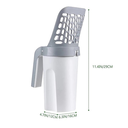 Cat litter scoop with perforated sifter, gray handle, and white bucket