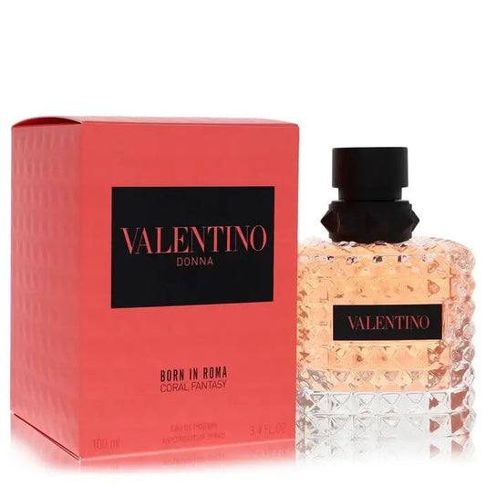 Coral Valentino Donna perfume box and bottle with black cap, textured label