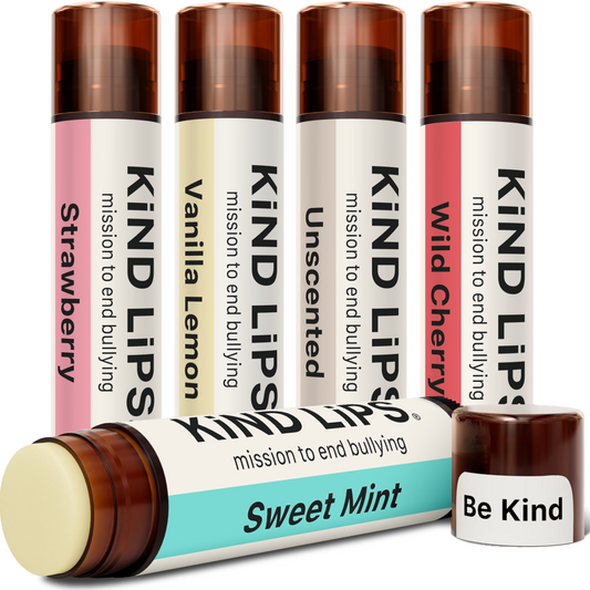 Assorted lip balm tubes variety pack, brown caps and pastel labels, Kind Lips
