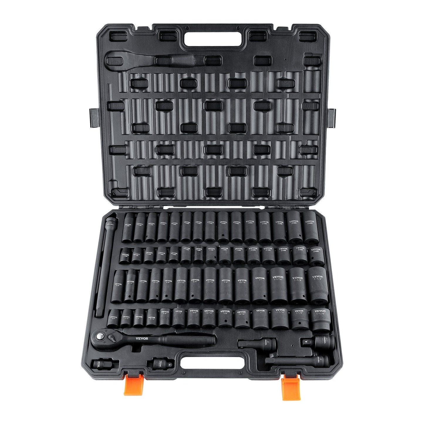 VEVOR 1/2" Drive Impact Socket Set, 65 Piece Socket Set SAE 3/8" to 1-1/4" and Metric 10-24mm, 6 Point Cr-V Alloy Steel for Auto Repair, Rugged Construction, Easy-to-Read Size Markings, Storage Case - Renee Lane Company
