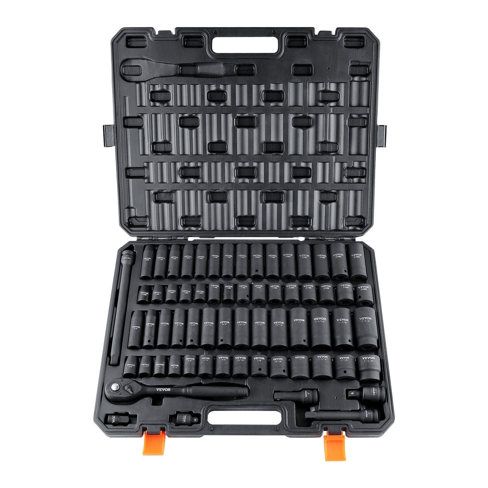 VEVOR 1/2" Drive Impact Socket Set, 65 Piece Socket Set SAE 3/8" to 1-1/4" and Metric 10-24mm, 6 Point Cr-V Alloy Steel for Auto Repair, Rugged Construction, Easy-to-Read Size Markings, Storage Case - Renee Lane Company