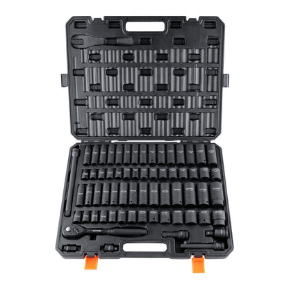 VEVOR 1/2" Drive Impact Socket Set, 65 Piece Socket Set SAE 3/8" to 1-1/4" and Metric 10-24mm, 6 Point Cr-V Alloy Steel for Auto Repair, Rugged Construction, Easy-to-Read Size Markings, Storage Case - Renee Lane Company