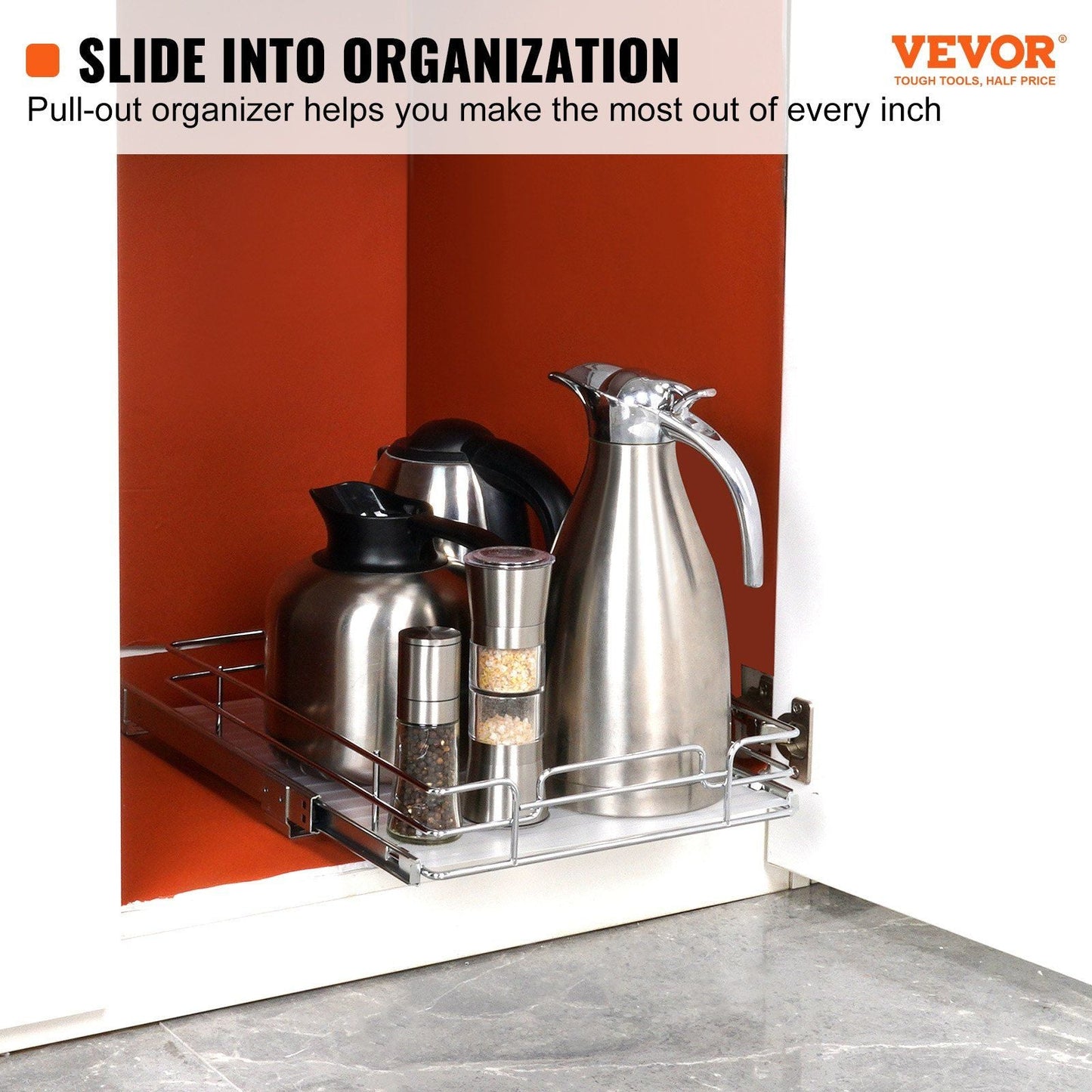 VEVOR 11"Wx21"Dx2.5"H Pull Out Cabinet Organizer, Heavy Duty Slide Out Pantry Shelves, Steel Roll Out Drawers, Sliding Drawer Storage for Home Under Sink, 13.5"Wx22"Dx7"H Install Size for Cabinet - Renee Lane Company
