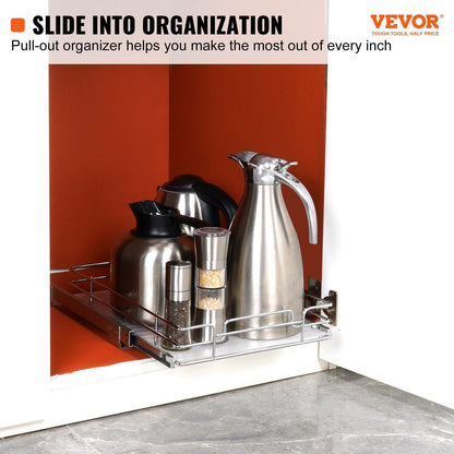 VEVOR 11"Wx21"Dx2.5"H Pull Out Cabinet Organizer, Heavy Duty Slide Out Pantry Shelves, Steel Roll Out Drawers, Sliding Drawer Storage for Home Under Sink, 13.5"Wx22"Dx7"H Install Size for Cabinet - Renee Lane Company