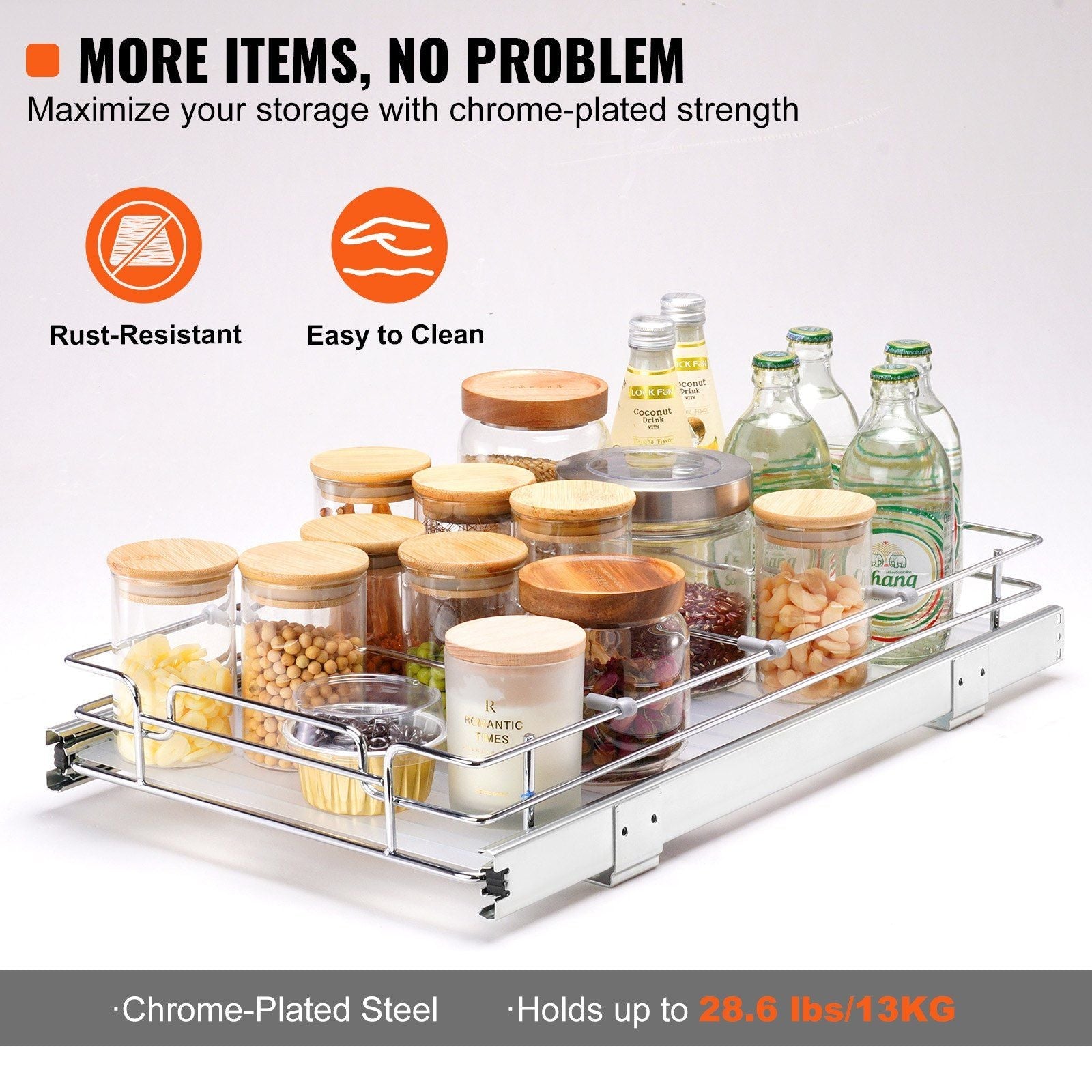 VEVOR 11"Wx21"Dx2.5"H Pull Out Cabinet Organizer, Heavy Duty Slide Out Pantry Shelves, Steel Roll Out Drawers, Sliding Drawer Storage for Home Under Sink, 13.5"Wx22"Dx7"H Install Size for Cabinet - Renee Lane Company