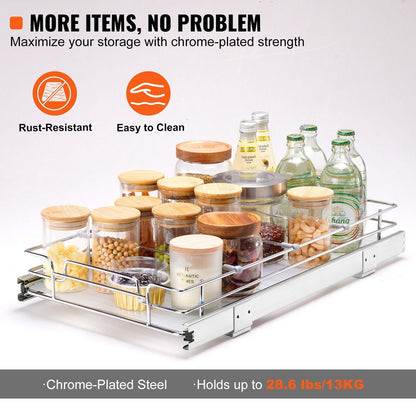 VEVOR 11"Wx21"Dx2.5"H Pull Out Cabinet Organizer, Heavy Duty Slide Out Pantry Shelves, Steel Roll Out Drawers, Sliding Drawer Storage for Home Under Sink, 13.5"Wx22"Dx7"H Install Size for Cabinet - Renee Lane Company