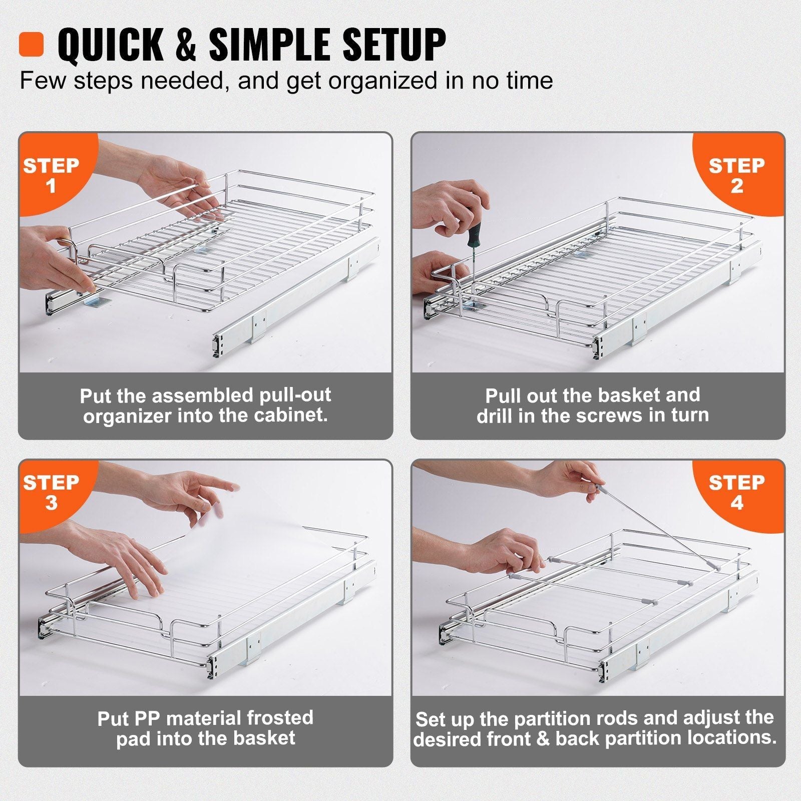 VEVOR 11"Wx21"Dx2.5"H Pull Out Cabinet Organizer, Heavy Duty Slide Out Pantry Shelves, Steel Roll Out Drawers, Sliding Drawer Storage for Home Under Sink, 13.5"Wx22"Dx7"H Install Size for Cabinet - Renee Lane Company