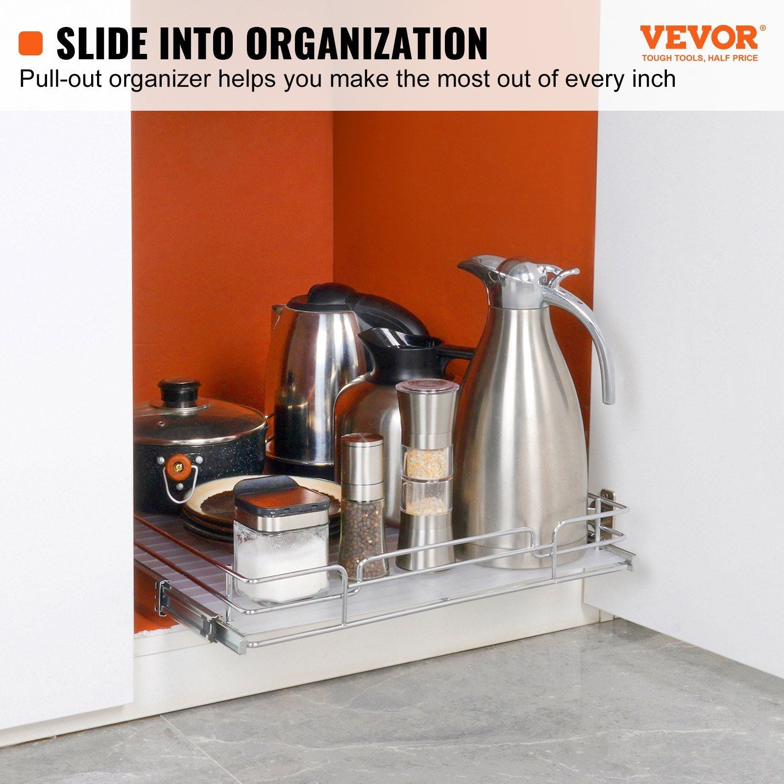VEVOR 15.5"Wx21"Dx3.5"H Pull Out Cabinet Organizer, Heavy Duty Slide Out Pantry Shelves, Steel Roll Out Drawers, Sliding Drawer Storage for Home Under Sink, 17"Wx22"Dx7"H Install Size for Cabinet - Renee Lane Company