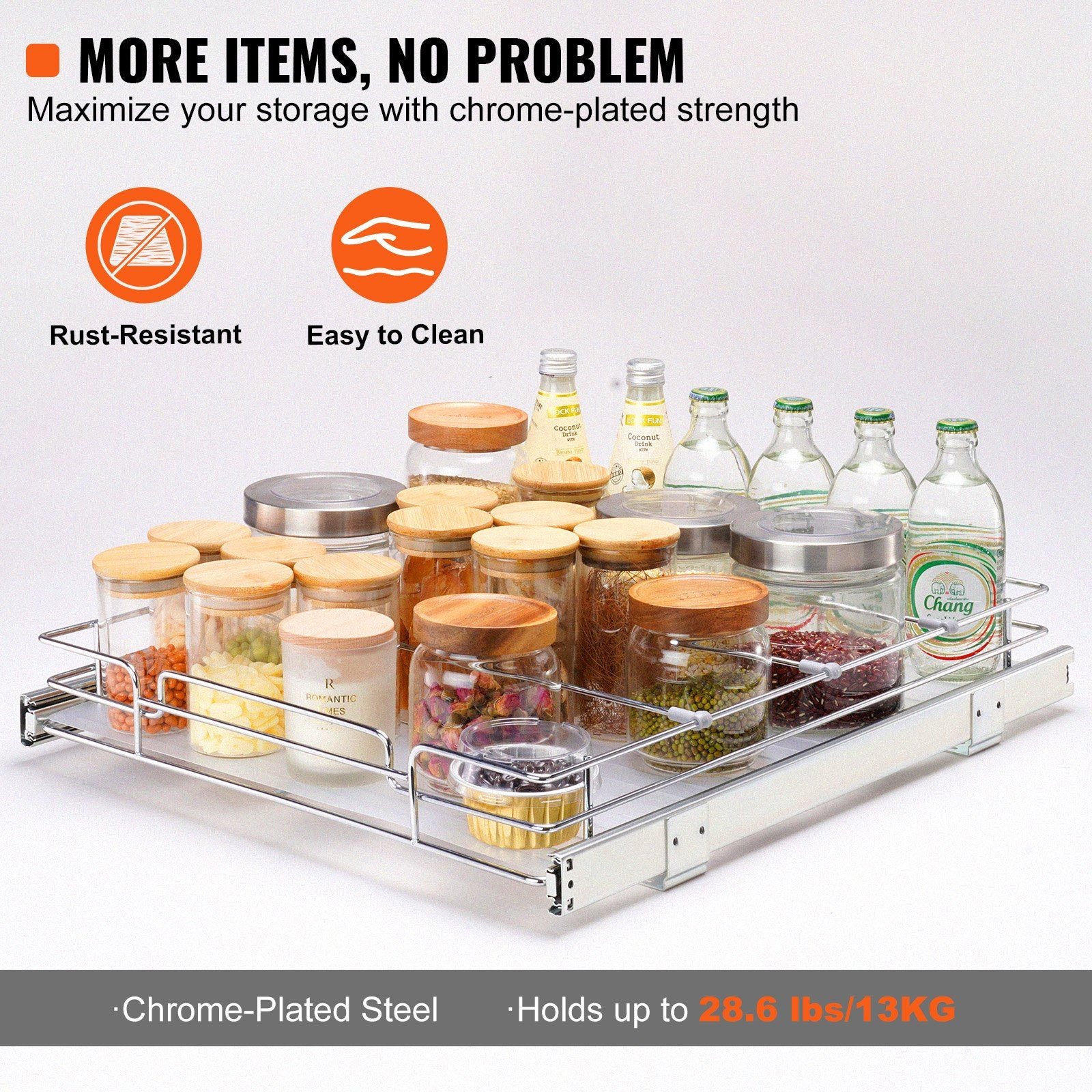 VEVOR 15.5"Wx21"Dx3.5"H Pull Out Cabinet Organizer, Heavy Duty Slide Out Pantry Shelves, Steel Roll Out Drawers, Sliding Drawer Storage for Home Under Sink, 17"Wx22"Dx7"H Install Size for Cabinet - Renee Lane Company