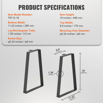 VEVOR 16 inch Trapezoid Steel Table Legs, Replacement Furniture Legs Set of 2 for DIY Coffee Tables, Modern Desks, Bench, Night Stands, Sofa, Max Load 400 lbs Heavy Duty, Quick Instalation Legs Black - Renee Lane Company