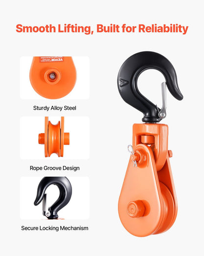 VEVOR 2 Ton Snatch Block with Swivel Hook, 3" Sheave 3/8" Inch Wire Rope, Heavy Duty Snatch Block Pulley 4400 lbs for Towing and Recovery operations on Tow Truck Rollback Wrecker Car Hauler Winches - Renee Lane Company