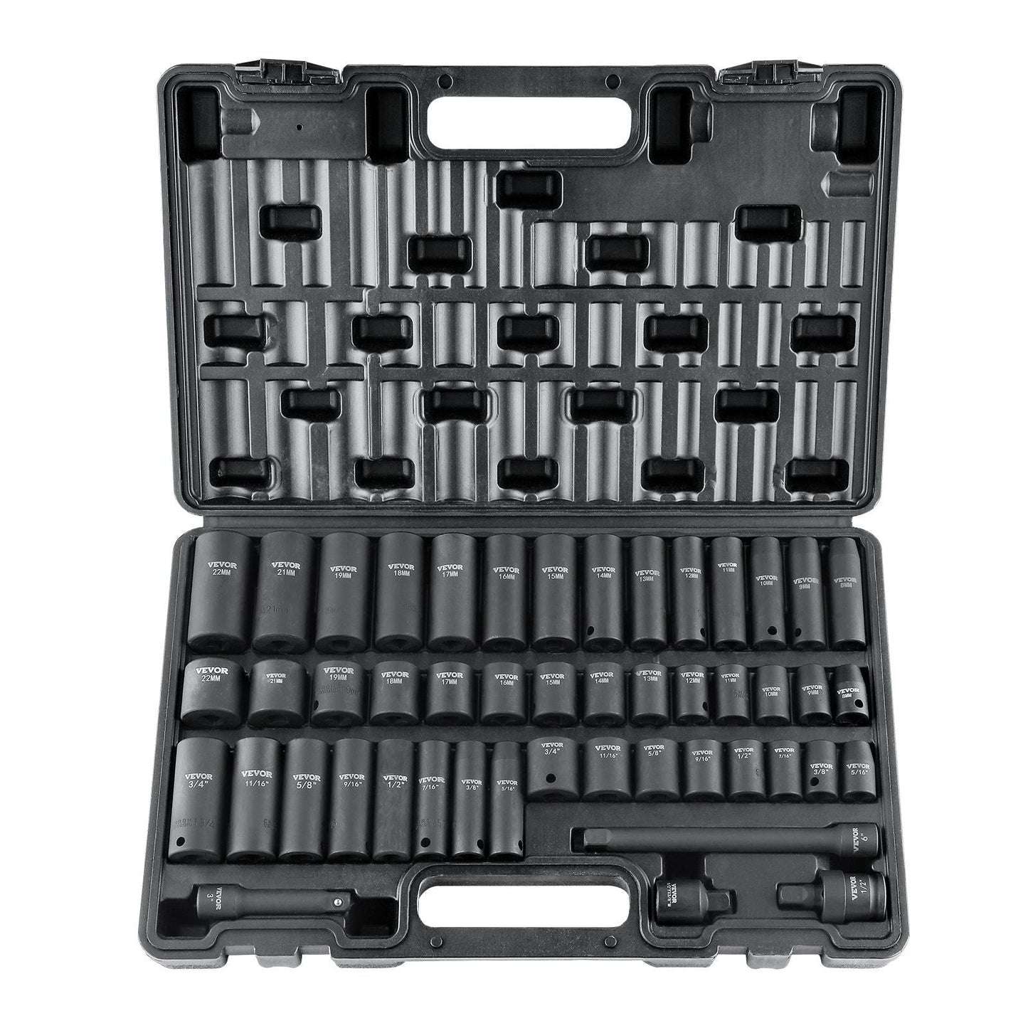 VEVOR 3/8" Drive Impact Socket Set, 48 Piece Socket Set SAE (5/16" -3/4") & Metric (8-22mm)6 Point Cr-V Drive Extension Bar Universal Joint & Power Drill Adapter Includes Storage Case - Renee Lane Company