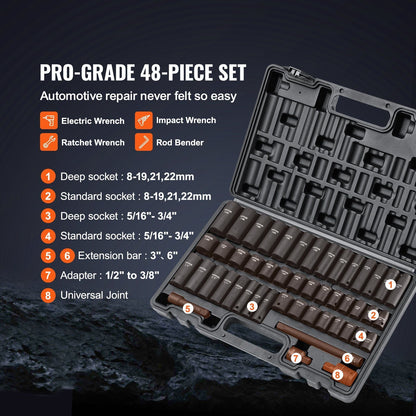 VEVOR 3/8" Drive Impact Socket Set, 48 Piece Socket Set SAE (5/16" -3/4") & Metric (8-22mm)6 Point Cr-V Drive Extension Bar Universal Joint & Power Drill Adapter Includes Storage Case - Renee Lane Company