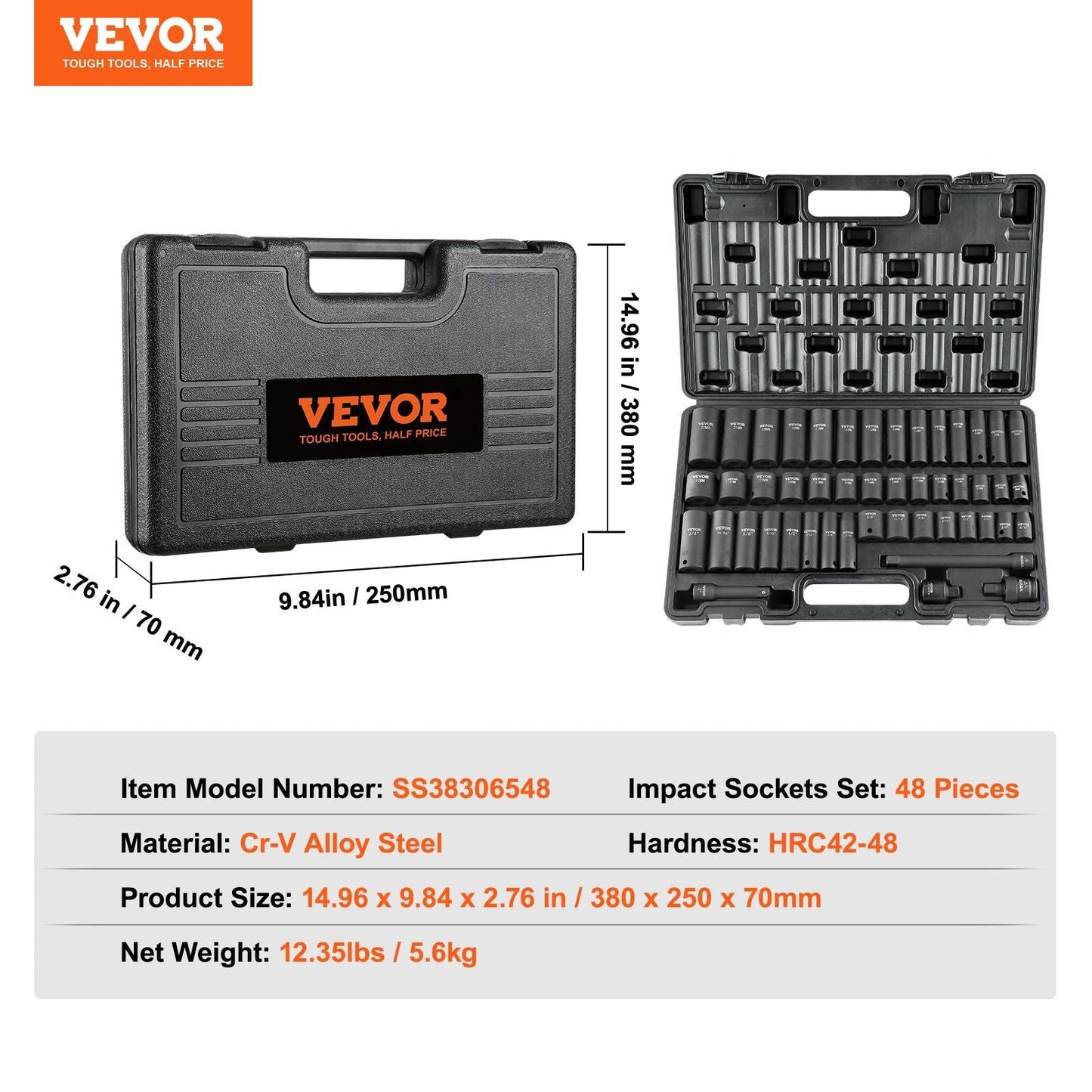 VEVOR 3/8" Drive Impact Socket Set, 48 Piece Socket Set SAE (5/16" -3/4") & Metric (8-22mm)6 Point Cr-V Drive Extension Bar Universal Joint & Power Drill Adapter Includes Storage Case - Renee Lane Company