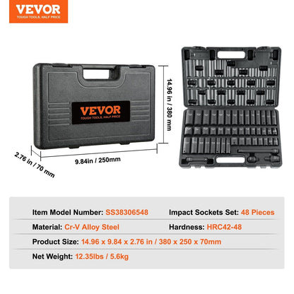 VEVOR 3/8" Drive Impact Socket Set, 48 Piece Socket Set SAE (5/16" -3/4") & Metric (8-22mm)6 Point Cr-V Drive Extension Bar Universal Joint & Power Drill Adapter Includes Storage Case - Renee Lane Company