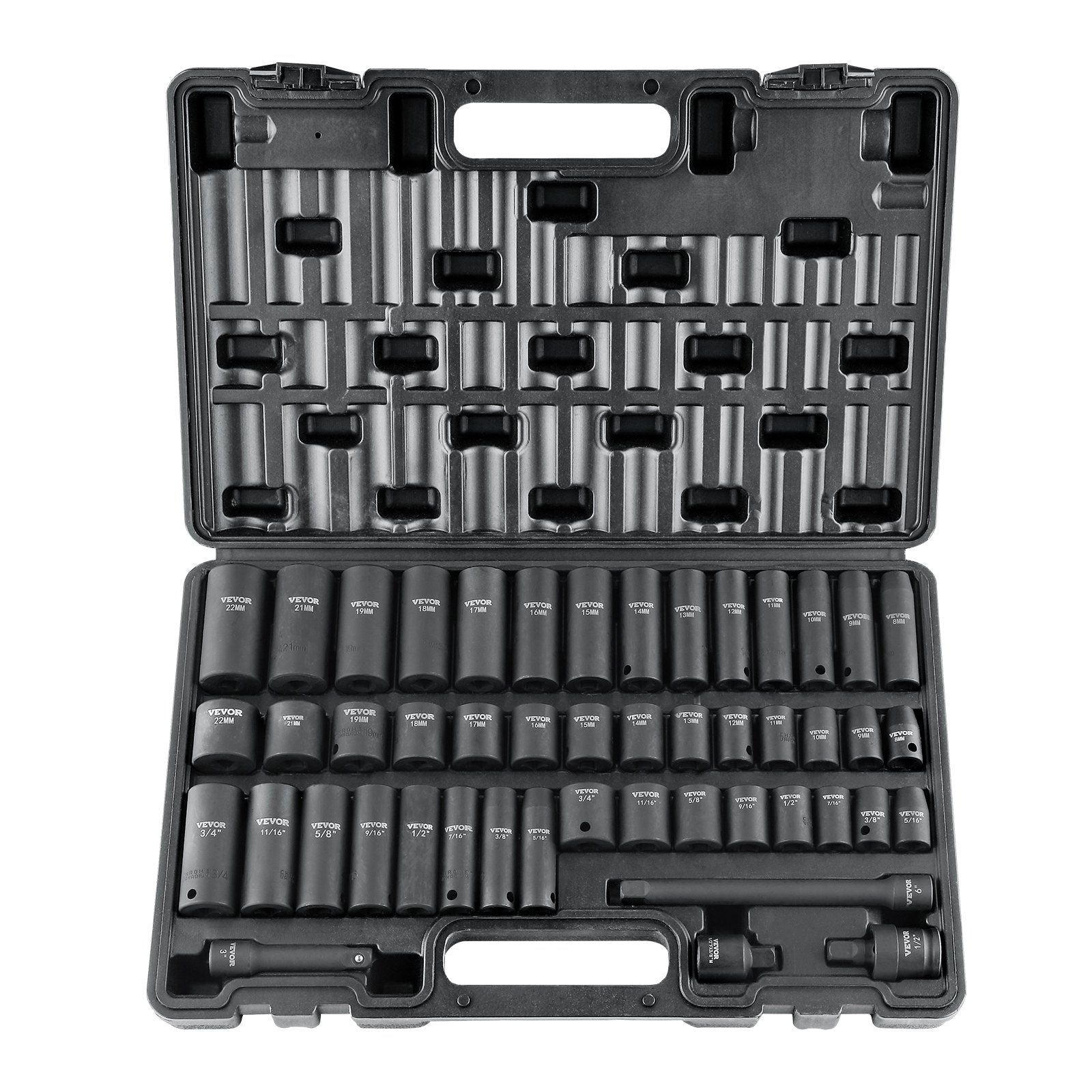 VEVOR 3/8" Drive Impact Socket Set, 48 Piece Socket Set SAE (5/16" -3/4") & Metric (8-22mm)6 Point Cr-V Drive Extension Bar Universal Joint & Power Drill Adapter Includes Storage Case - Renee Lane Company
