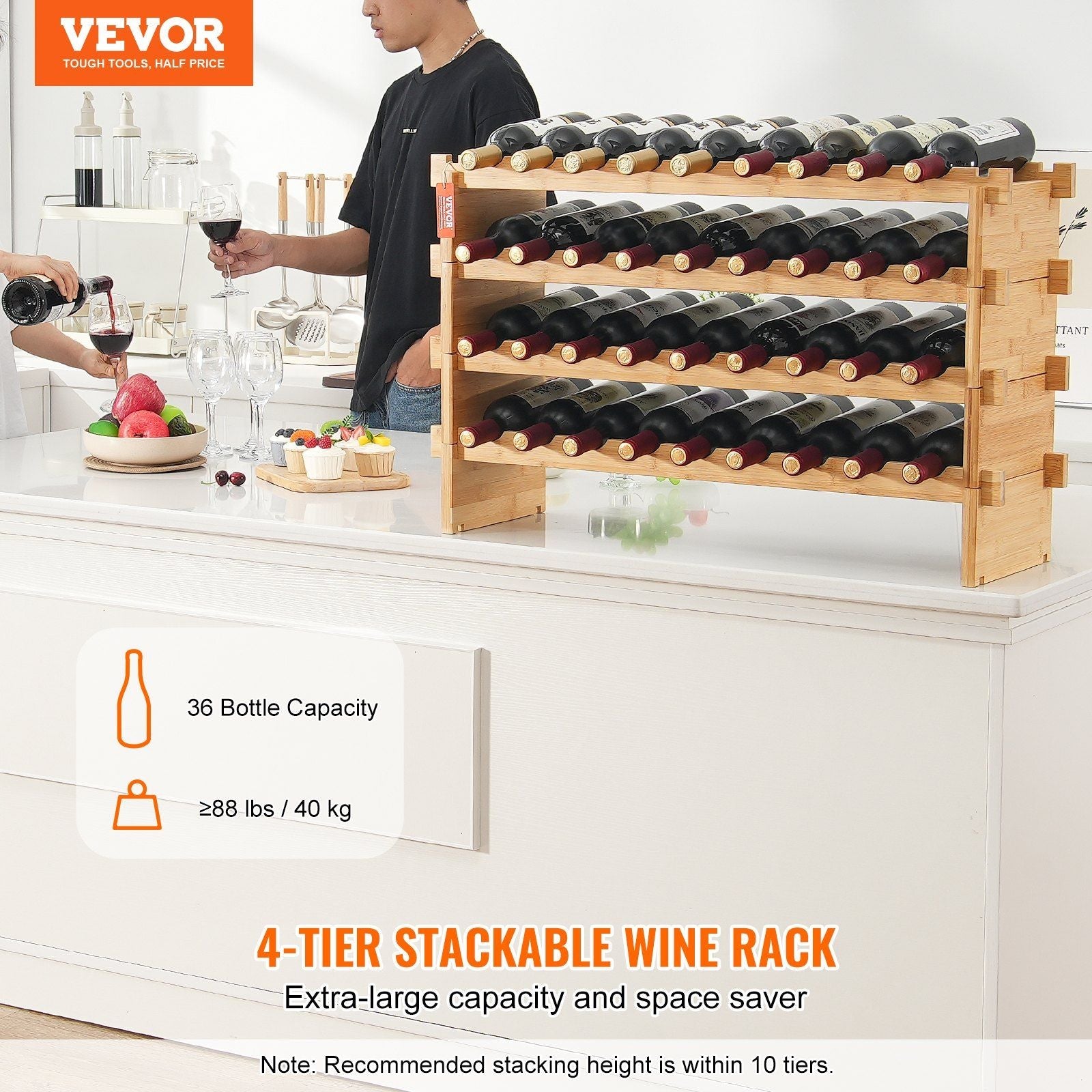 VEVOR 36 Bottle Stackable Modular Wine Rack Bamboo Wood Display Shelf 4-Tier - Renee Lane Company