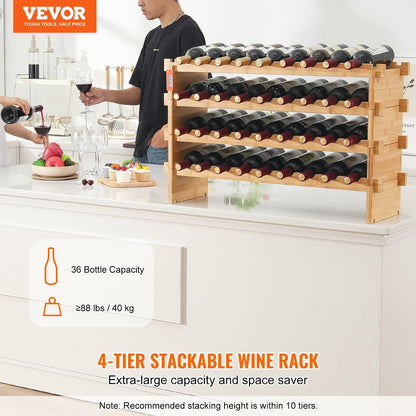 VEVOR 36 Bottle Stackable Modular Wine Rack Bamboo Wood Display Shelf 4-Tier - Renee Lane Company