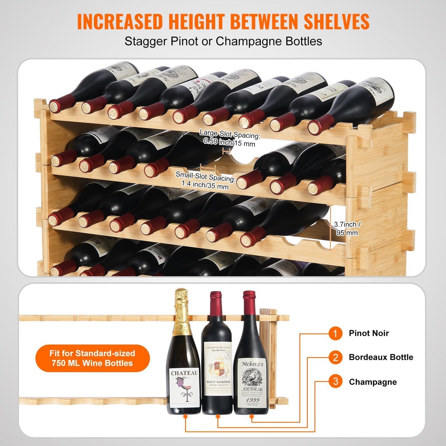 VEVOR 36 Bottle Stackable Modular Wine Rack Bamboo Wood Display Shelf 4-Tier - Renee Lane Company