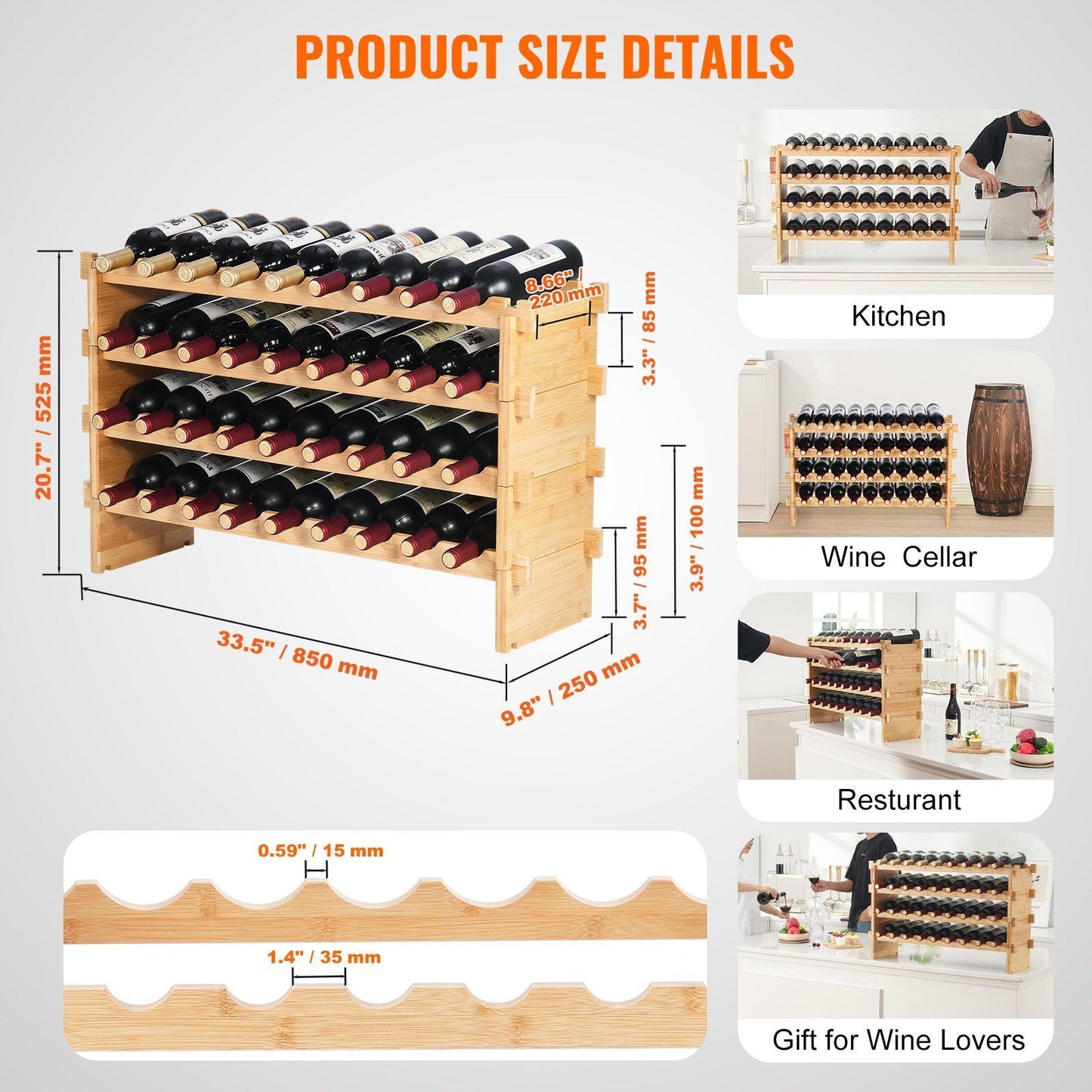 VEVOR 36 Bottle Stackable Modular Wine Rack Bamboo Wood Display Shelf 4-Tier - Renee Lane Company