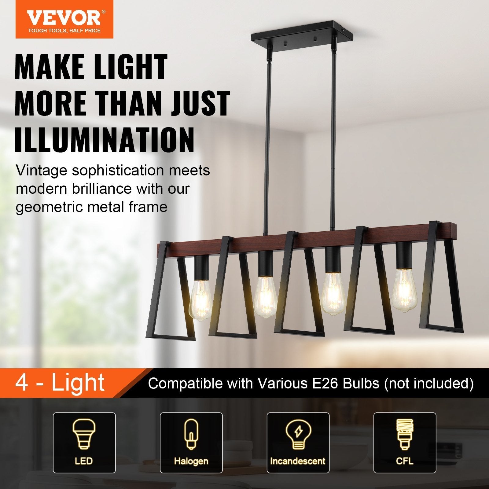 VEVOR 4-Light Kitchen Island Pendant Lights 60W Adjustable Dining Room Light E26 - Renee Lane Company