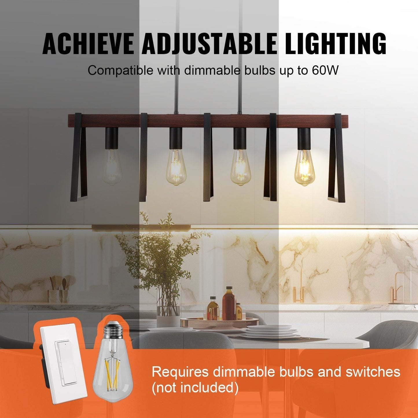 VEVOR 4-Light Kitchen Island Pendant Lights 60W Adjustable Dining Room Light E26 - Renee Lane Company