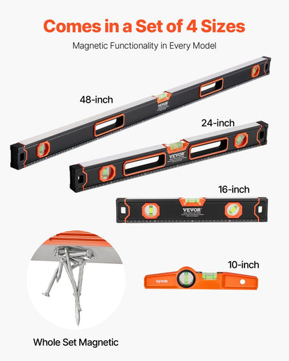VEVOR 4-Piece Torpedo Level, 48/24/16/10 Inch All Magnetic Levels Set, Fluorescent Light Up Bubble Vials Ruler for 45/90/180 Degree, Aluminum Alloy Magnetic Box Leveler Tool, SAE and Metric Scale - Renee Lane Company