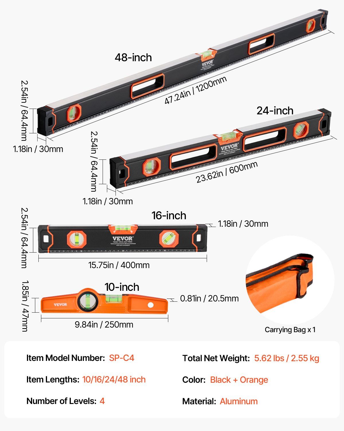 VEVOR 4-Piece Torpedo Level, 48/24/16/10 Inch All Magnetic Levels Set, Fluorescent Light Up Bubble Vials Ruler for 45/90/180 Degree, Aluminum Alloy Magnetic Box Leveler Tool, SAE and Metric Scale - Renee Lane Company