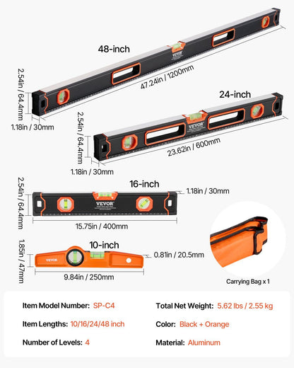 VEVOR 4-Piece Torpedo Level, 48/24/16/10 Inch All Magnetic Levels Set, Fluorescent Light Up Bubble Vials Ruler for 45/90/180 Degree, Aluminum Alloy Magnetic Box Leveler Tool, SAE and Metric Scale - Renee Lane Company