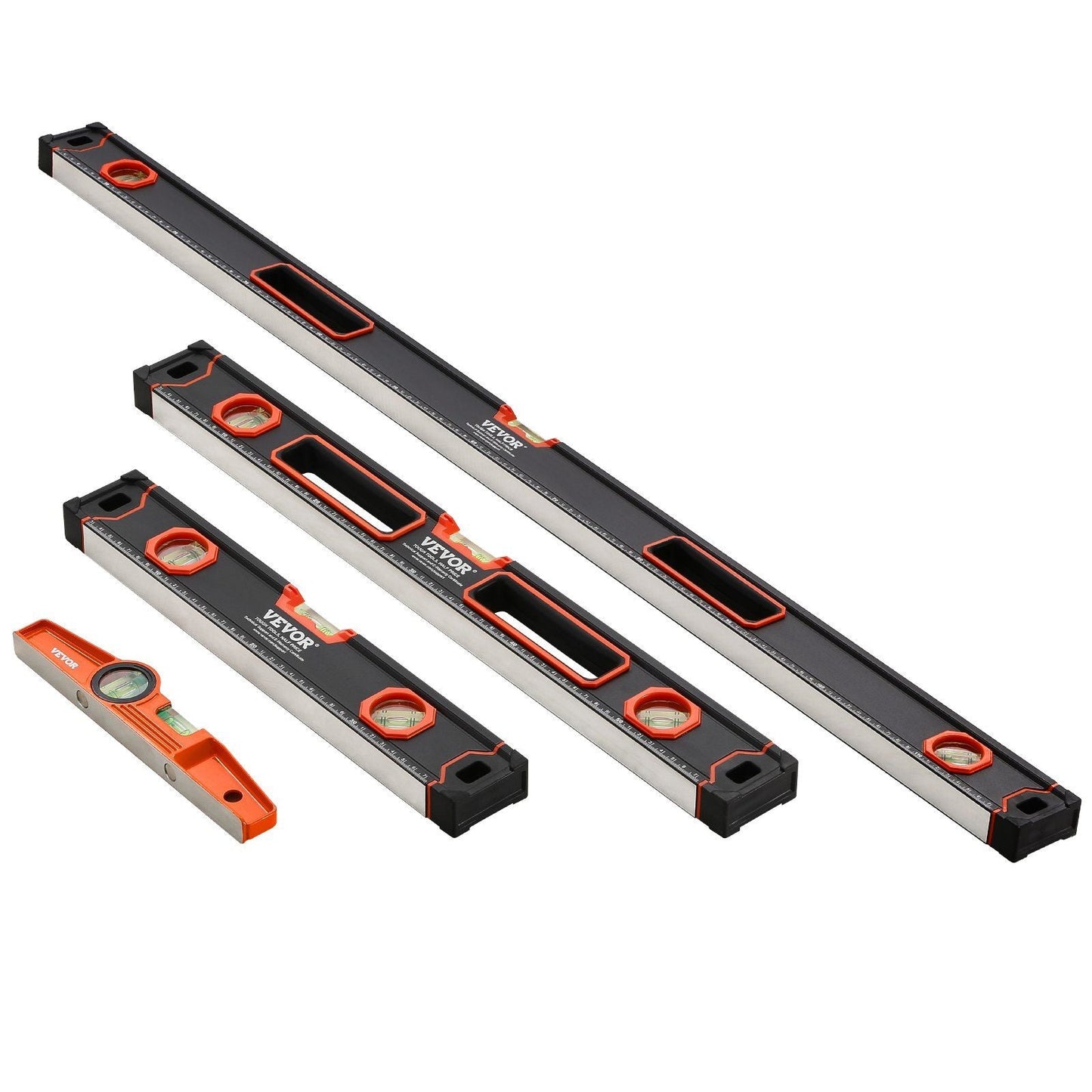 VEVOR 4-Piece Torpedo Level, 48/24/16/10 Inch All Magnetic Levels Set, Fluorescent Light Up Bubble Vials Ruler for 45/90/180 Degree, Aluminum Alloy Magnetic Box Leveler Tool, SAE and Metric Scale - Renee Lane Company