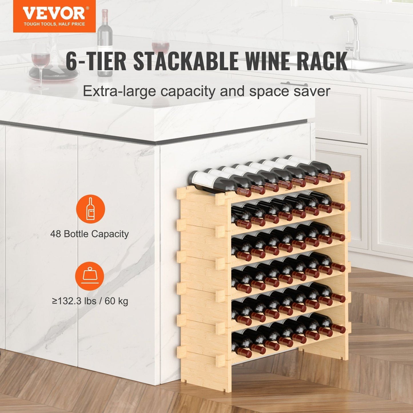 VEVOR 48 Bottle Stackable Modular Wine Rack Bamboo Wood Display Shelf 6-Tier - Renee Lane Company