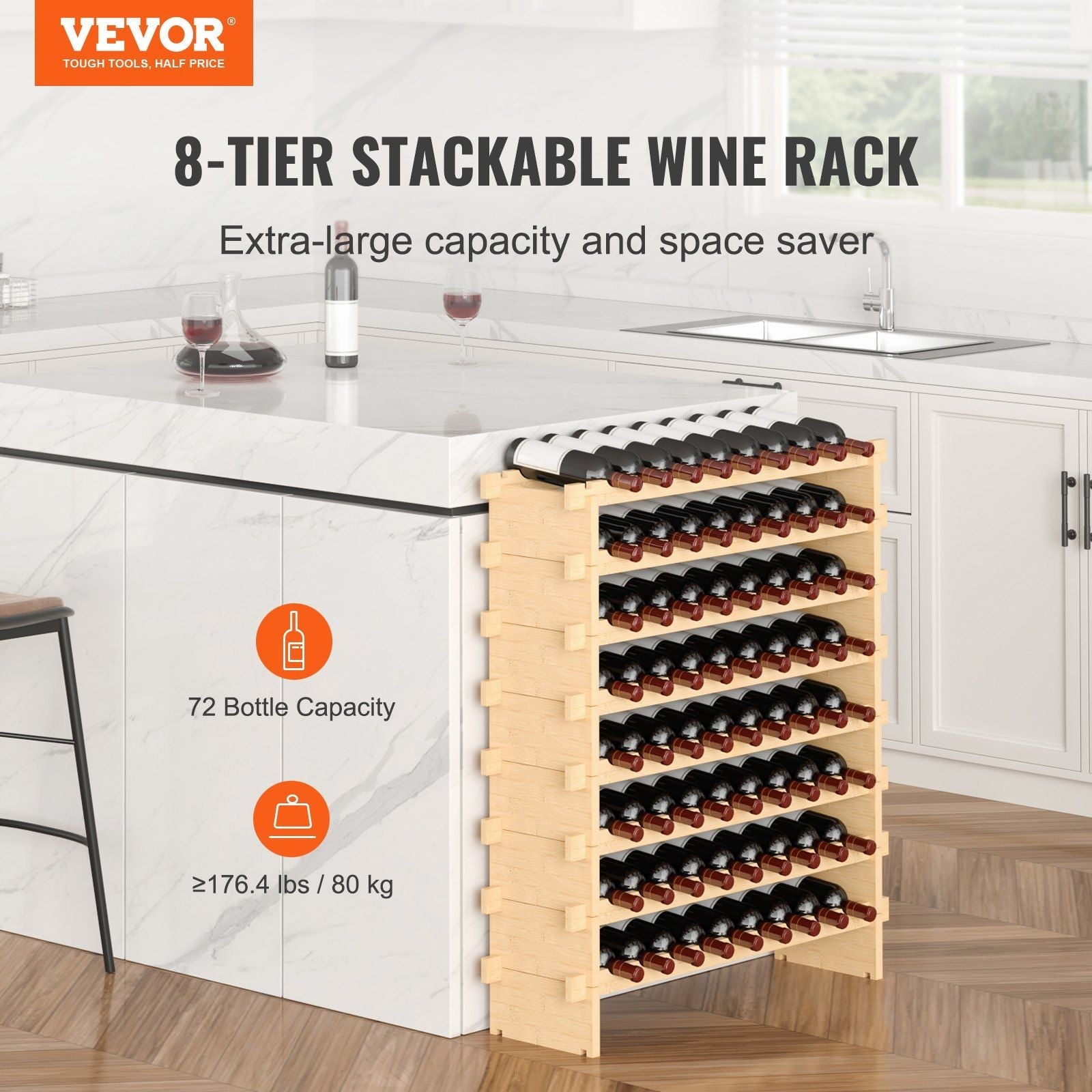 VEVOR 72 Bottle Stackable Modular Wine Rack Bamboo Wood Display Shelf 8-Tier - Renee Lane Company