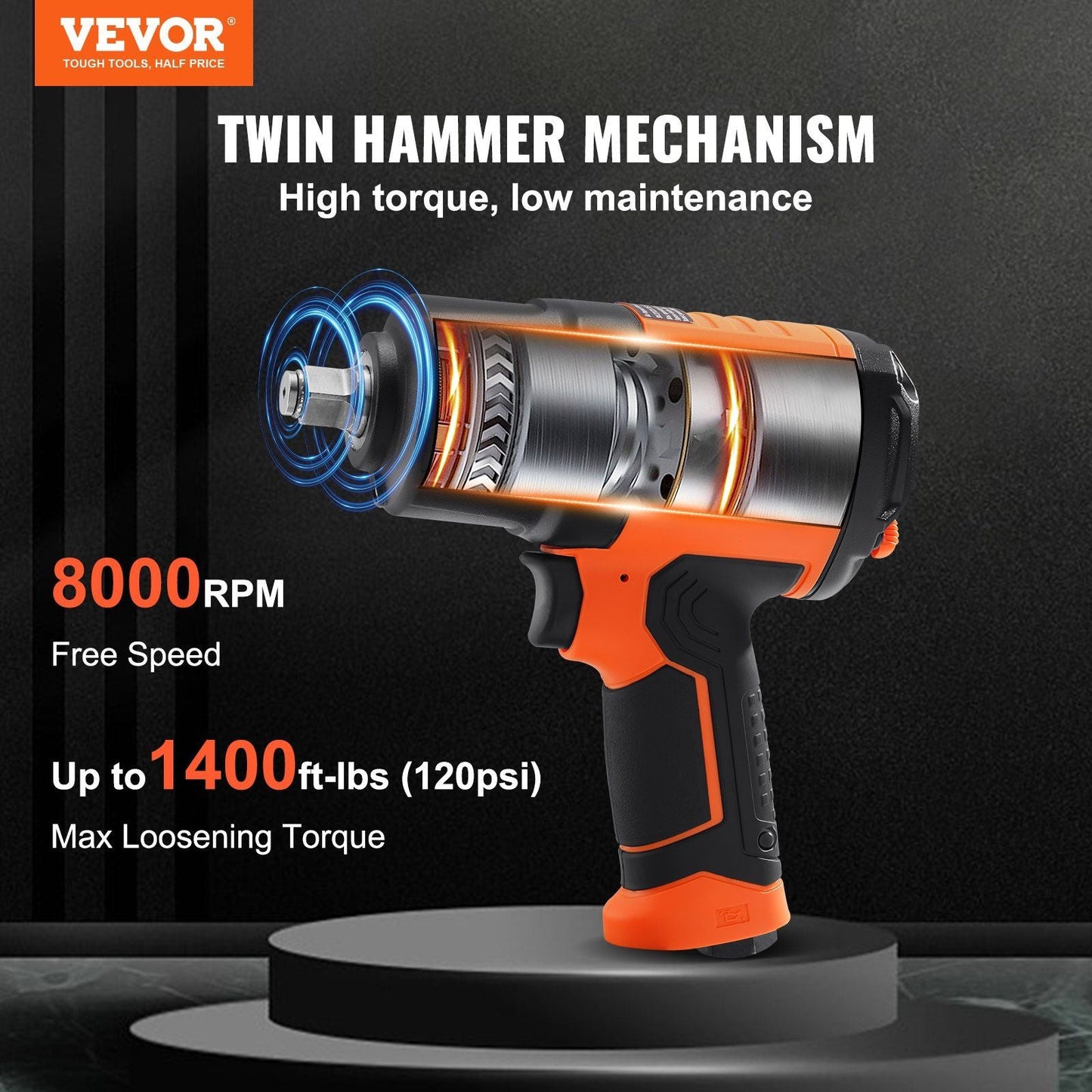 VEVOR Air Impact Wrench 1/2" Square Drive 1400ft-lb Nut-busting Torque 90-120PSI - Renee Lane Company
