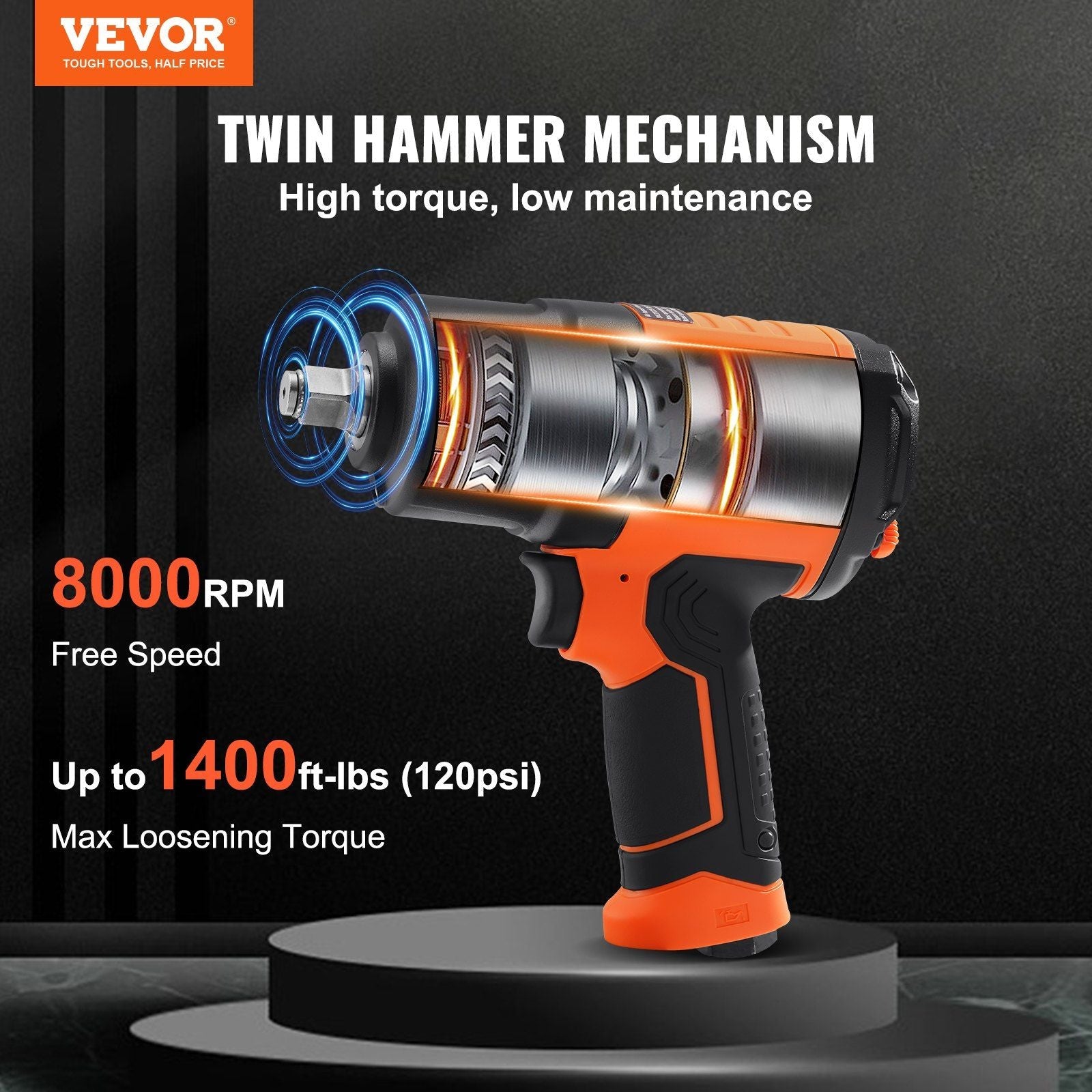 VEVOR Air Impact Wrench 1/2" Square Drive 1400ft-lb Nut-busting Torque 90-120PSI - Renee Lane Company
