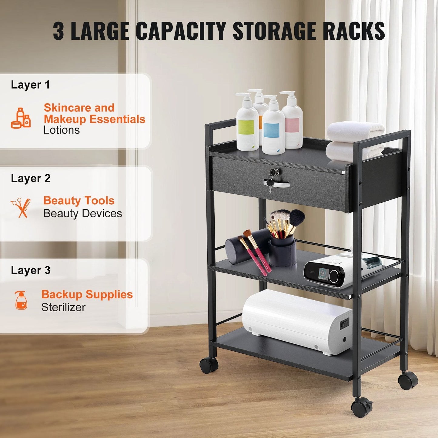 VEVOR Beauty Salon Trolley Cart, 3-Tier Hair Salon Stations Cabinet for Stylist with Lockable Drawer, MDF Rolling Storage Station with 4 Wheels (2 Lockable) for Beauty SPA Barbershop Tattoo - Renee Lane Company