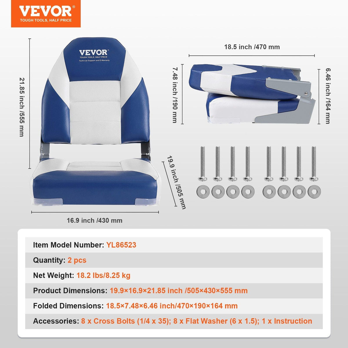 VEVOR Boat Seats, 21.85" High Back Boat Seat, Folding Boat Chair with Thickened Sponge Padding and Hinge, Fold-Down Boat Captain Chairs for Fishing Boat, Sightseeing Boat, Speedboat, Canoe, 2-Pack - Renee Lane Company