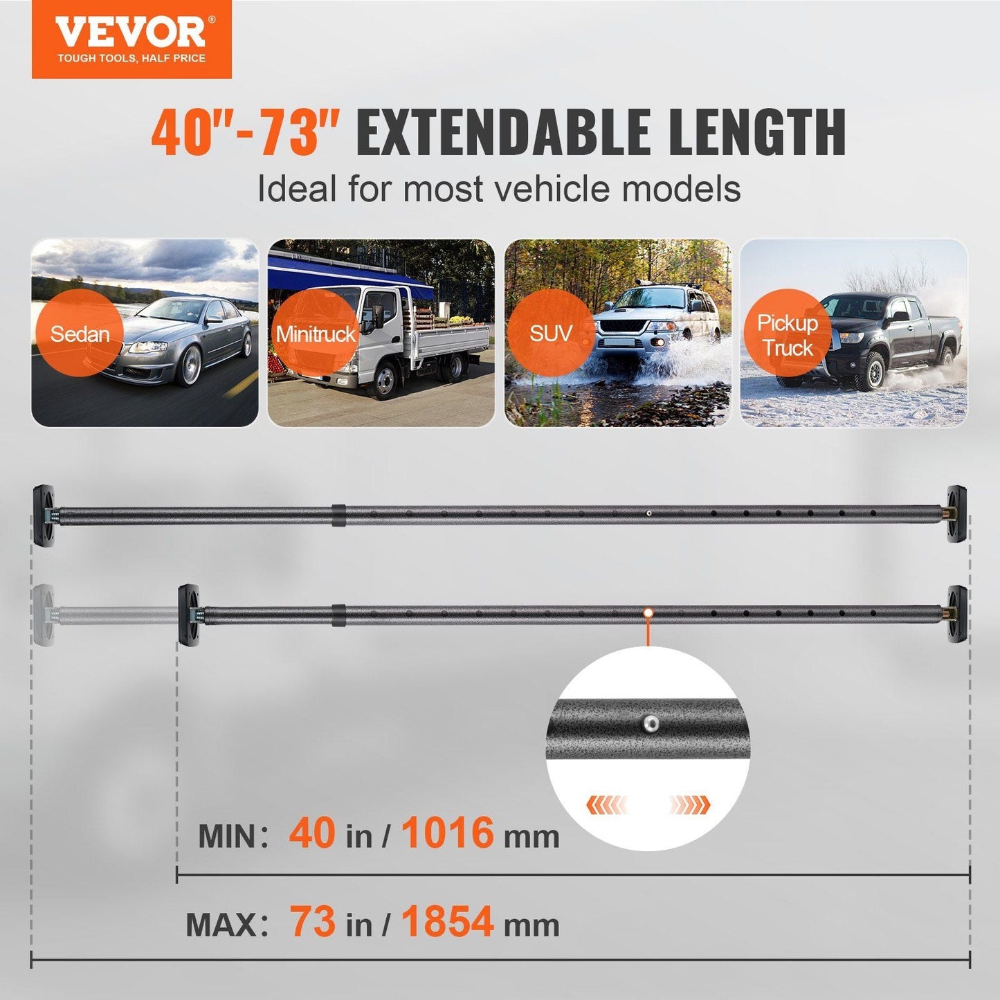 VEVOR Cargo Bar, Truck Bed Bar Adjustable from 40" to 73", Heavy-duty Steel Cargo Stabilizer Bar with 220 lbs Capacity, Truck Load Bar Stop Sliding for Pickup Truck Bed, SUV, Minitruck - Renee Lane Company