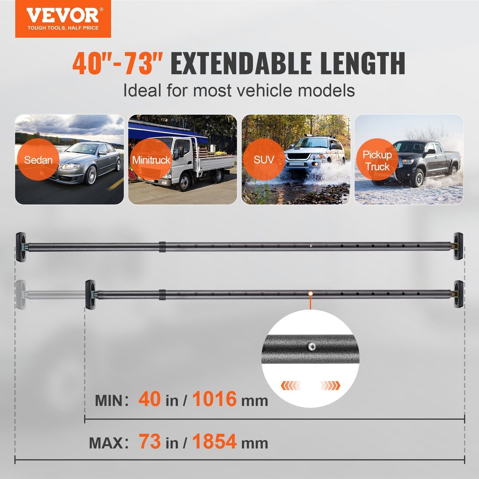 VEVOR Cargo Bar, Truck Bed Bar Adjustable from 40" to 73", Heavy-duty Steel Cargo Stabilizer Bar with 220 lbs Capacity, Truck Load Bar Stop Sliding for Pickup Truck Bed, SUV, Minitruck - Renee Lane Company