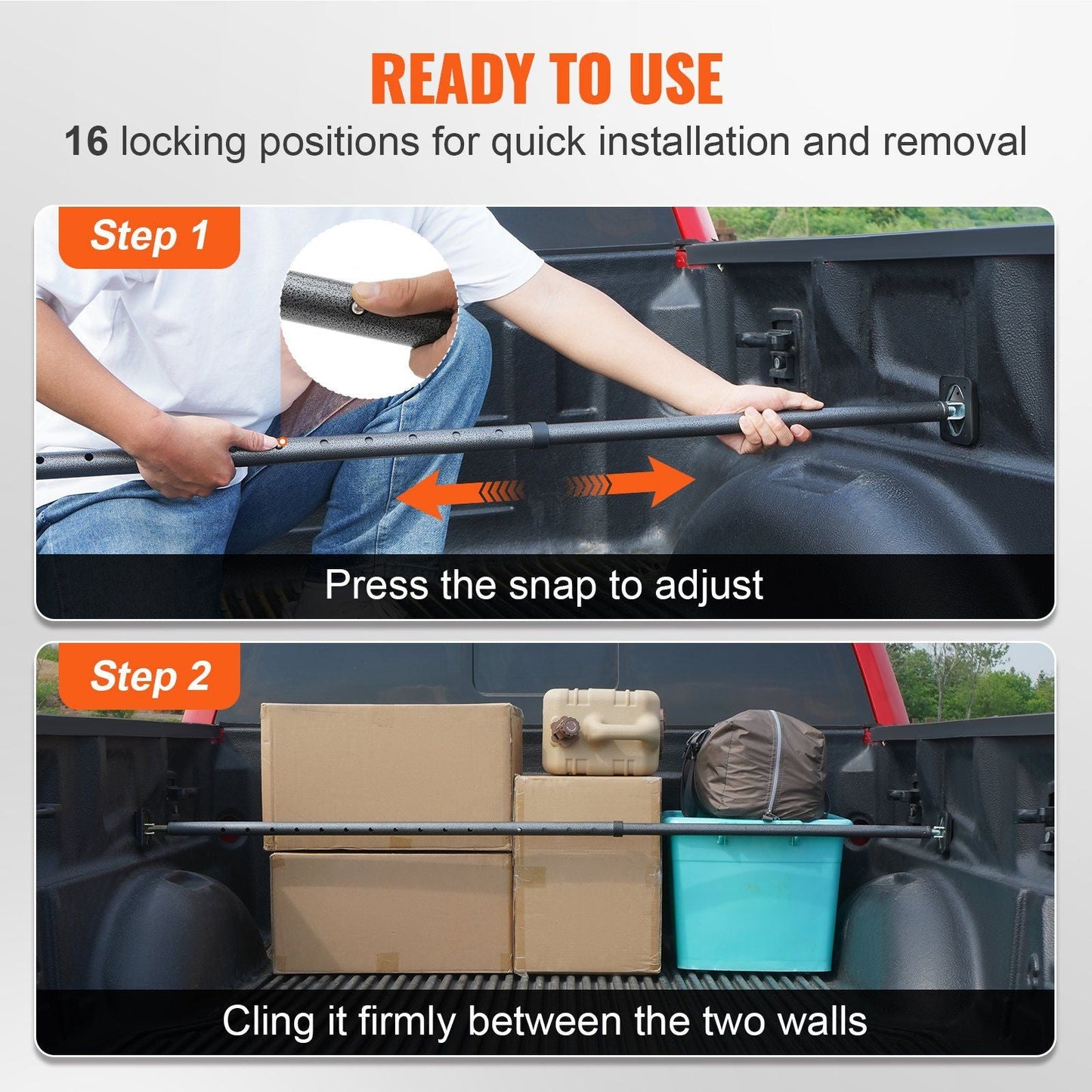 VEVOR Cargo Bar, Truck Bed Bar Adjustable from 40" to 73", Heavy-duty Steel Cargo Stabilizer Bar with 220 lbs Capacity, Truck Load Bar Stop Sliding for Pickup Truck Bed, SUV, Minitruck - Renee Lane Company