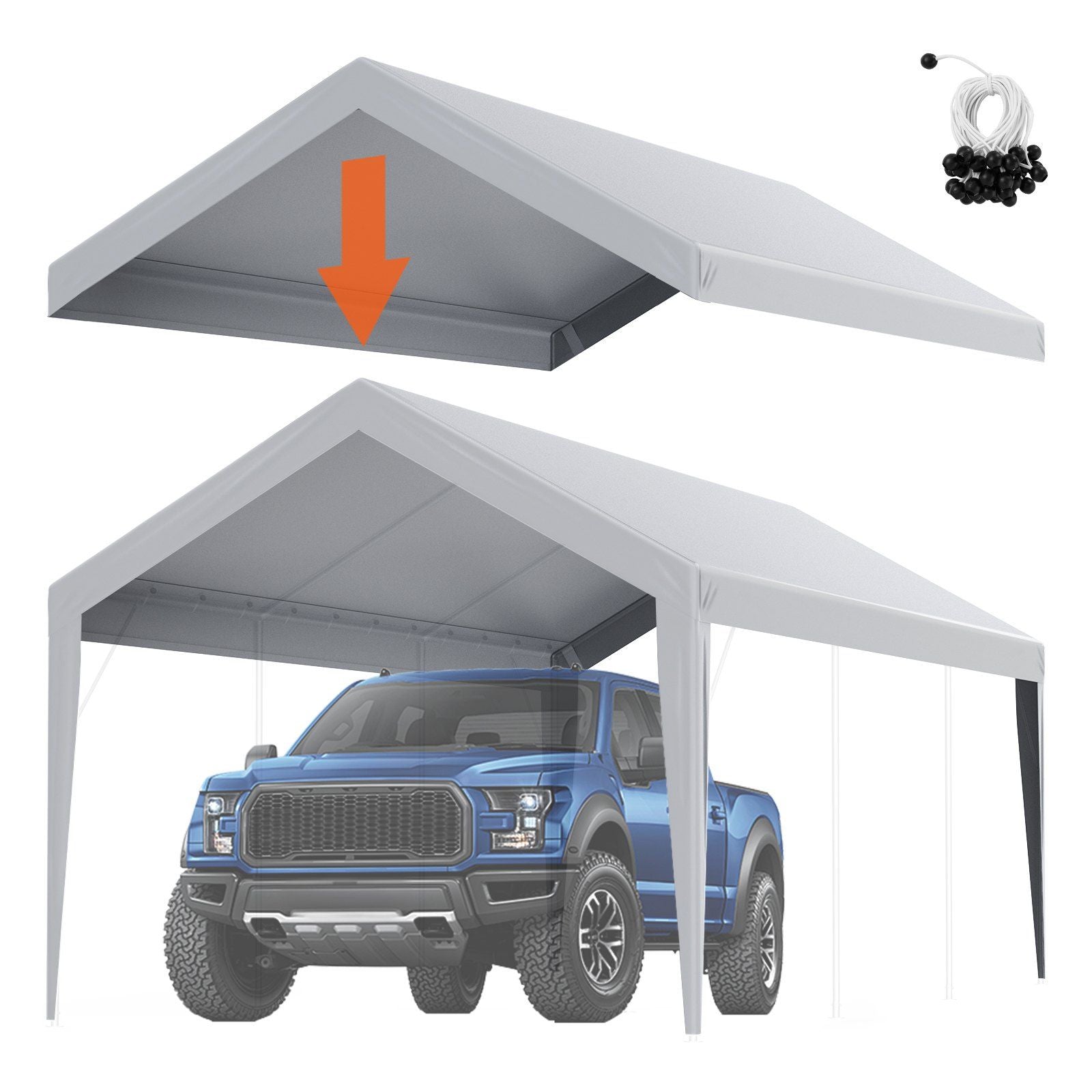 VEVOR Carport Replacement Canopy Cover 10 x 20 ft, Garage Top Tent Shelter Tarp Heavy-Duty Waterproof & UV Protected, Easy Installation with Ball Bungees,Grey (Only Top Cover, Frame Not Include) - Renee Lane Company
