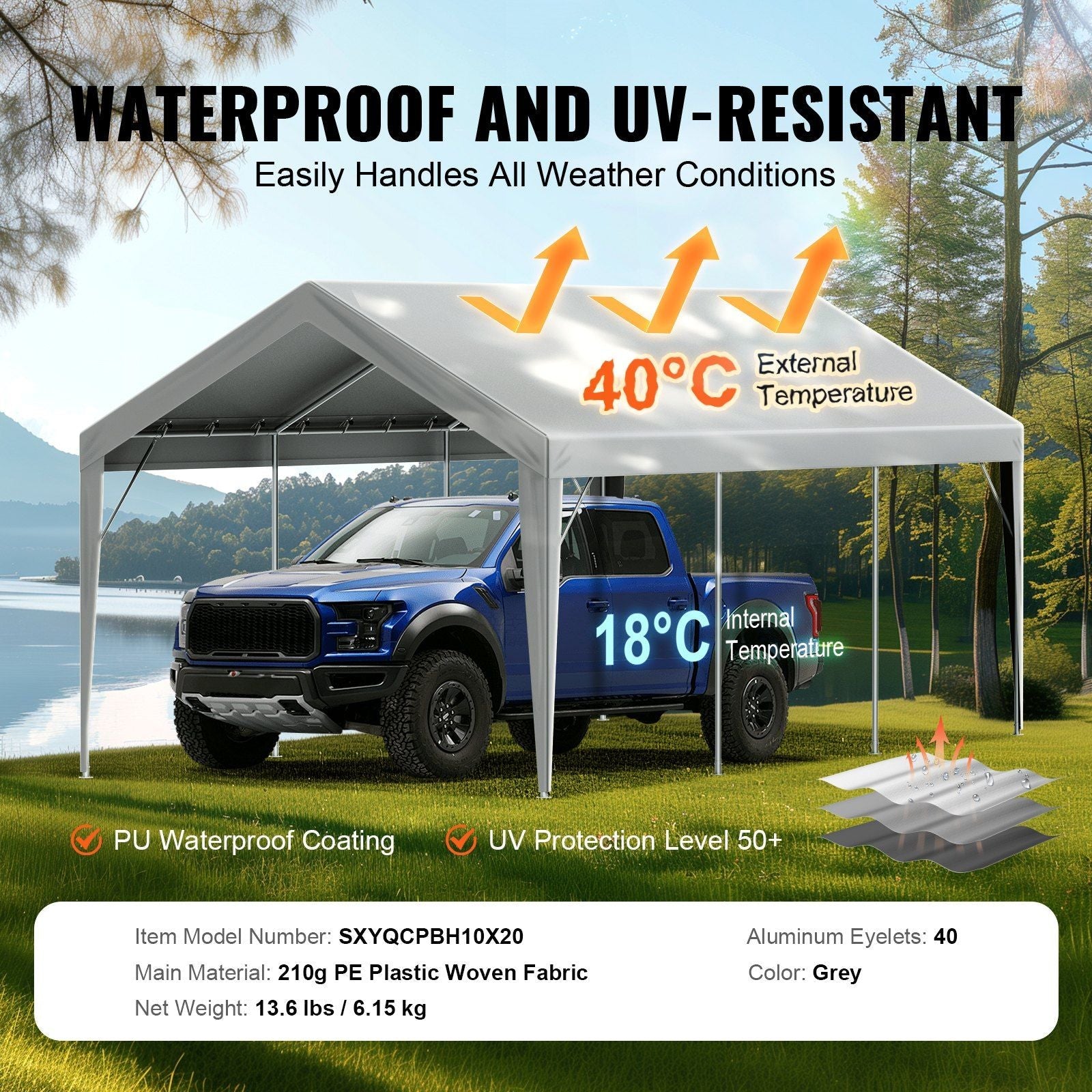 VEVOR Carport Replacement Canopy Cover 10 x 20 ft, Garage Top Tent Shelter Tarp Heavy-Duty Waterproof & UV Protected, Easy Installation with Ball Bungees,Grey (Only Top Cover, Frame Not Include) - Renee Lane Company