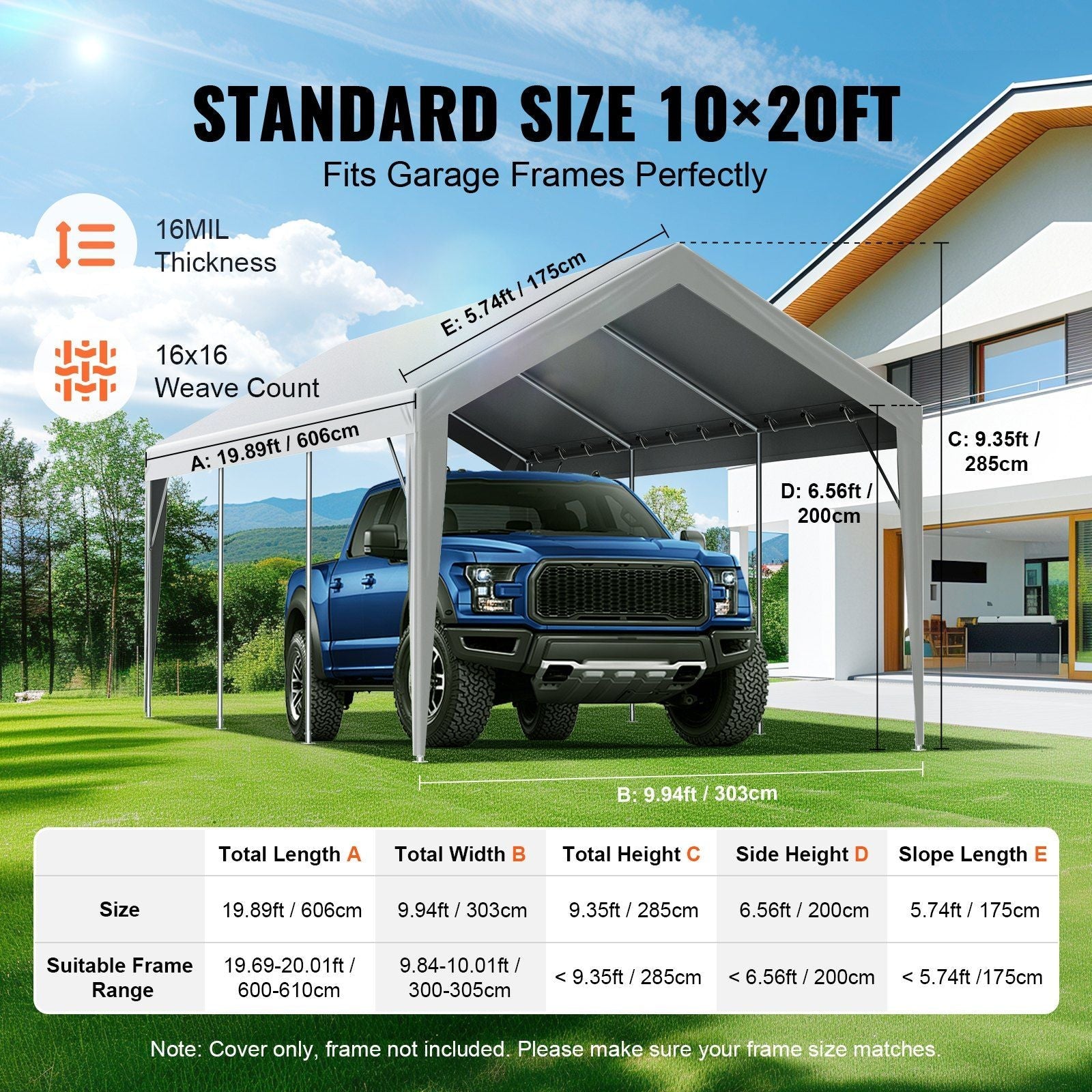 VEVOR Carport Replacement Canopy Cover 10 x 20 ft, Garage Top Tent Shelter Tarp Heavy-Duty Waterproof & UV Protected, Easy Installation with Ball Bungees,Grey (Only Top Cover, Frame Not Include) - Renee Lane Company