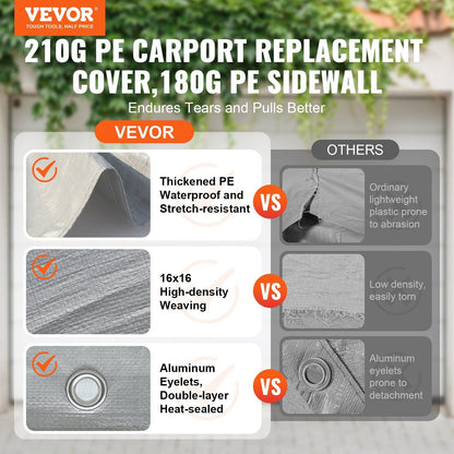 VEVOR Carport Replacement Canopy Cover Top + Side Wall 10 x 20 ft, Garage Tent Shelter Tarp Heavy-Duty Waterproof & UV Protected, Easy Installation with Ball Bungees,White (Frame Not Included) - Renee Lane Company
