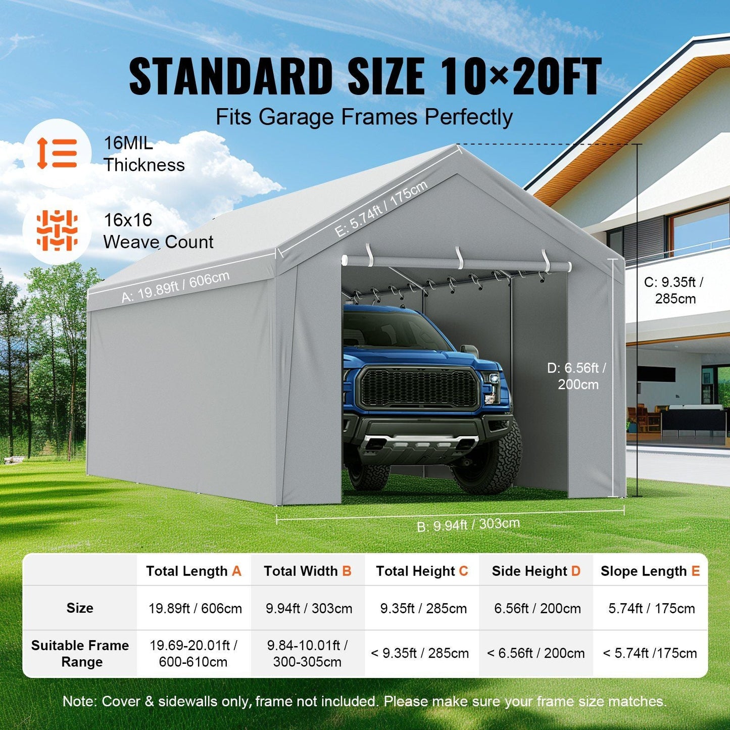 VEVOR Carport Replacement Canopy Cover Top + Side Wall 10 x 20 ft, Garage Tent Shelter Tarp Heavy-Duty Waterproof & UV Protected, Easy Installation with Ball Bungees,White (Frame Not Included) - Renee Lane Company
