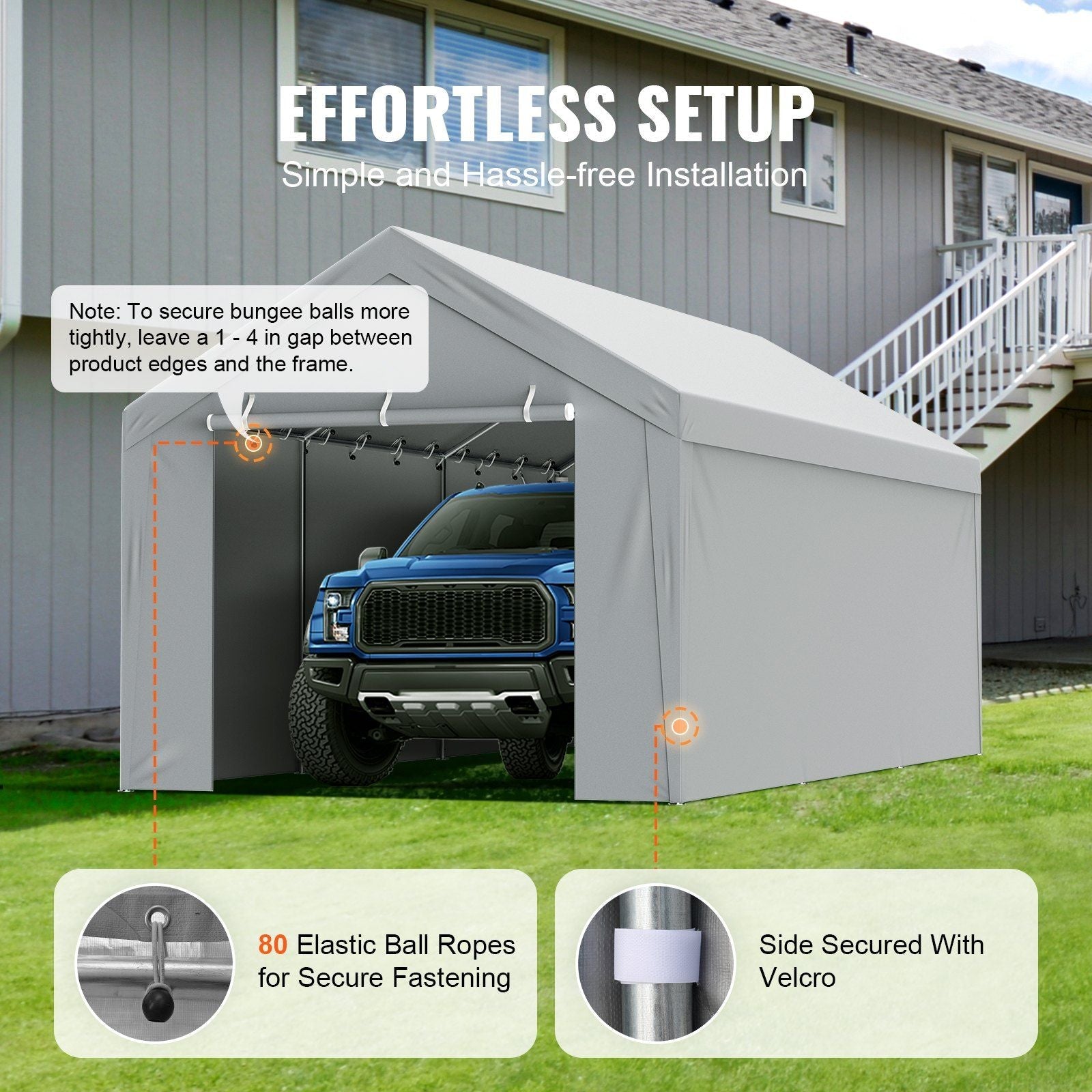 VEVOR Carport Replacement Canopy Cover Top + Side Wall 10 x 20 ft, Garage Tent Shelter Tarp Heavy-Duty Waterproof & UV Protected, Easy Installation with Ball Bungees,White (Frame Not Included) - Renee Lane Company