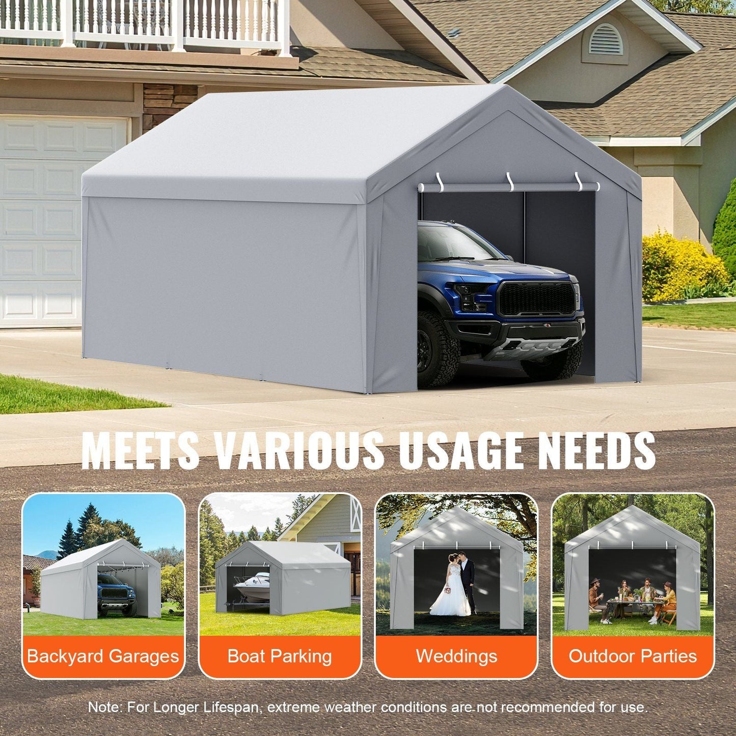VEVOR Carport Replacement Canopy Cover Top + Side Wall 10 x 20 ft, Garage Tent Shelter Tarp Heavy-Duty Waterproof & UV Protected, Easy Installation with Ball Bungees,White (Frame Not Included) - Renee Lane Company