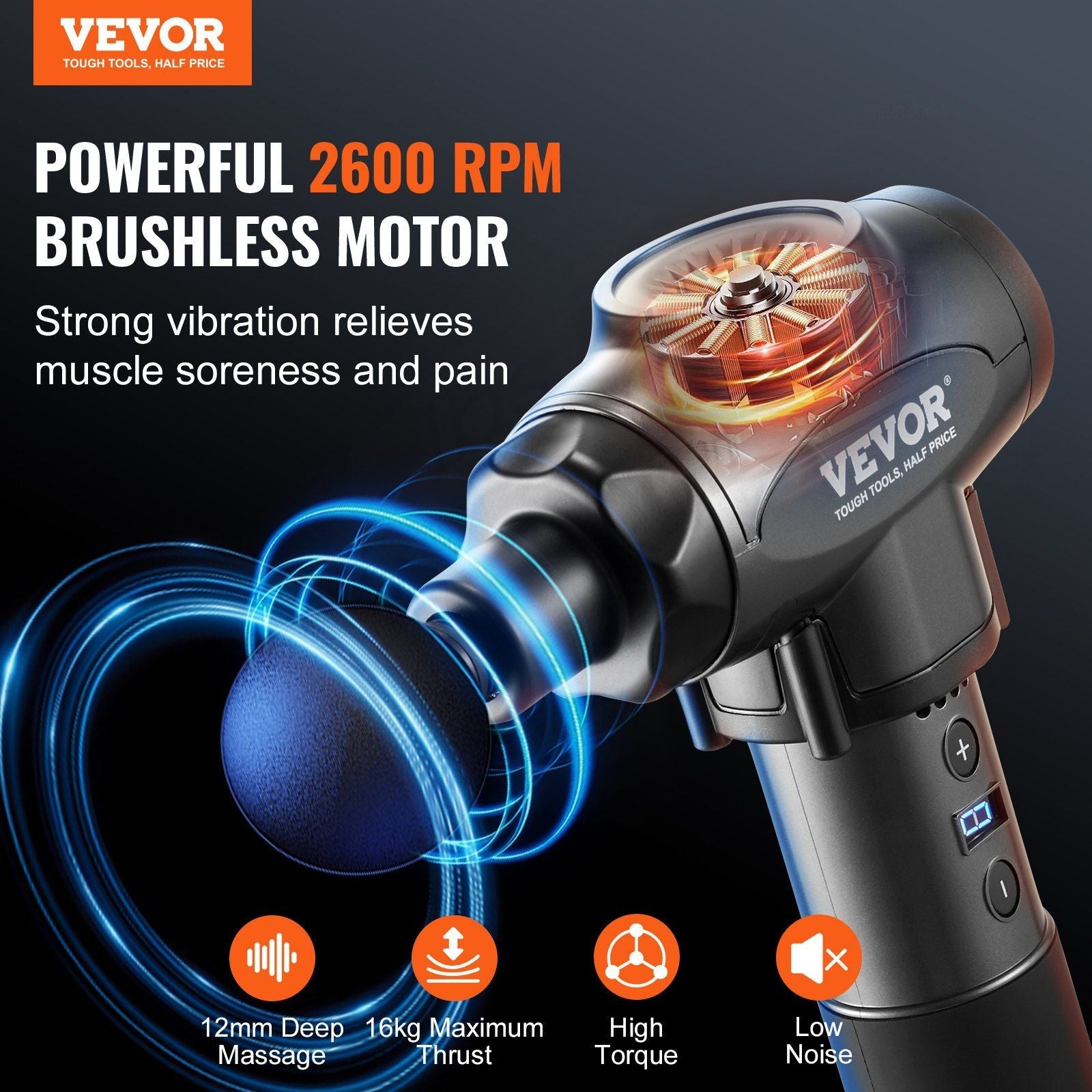 VEVOR Deep Tissue Massage Gun with 9 Speeds & 6 Heads - Handheld Percussion Massager for Muscle Pain Relief & Relaxation - Renee Lane Company