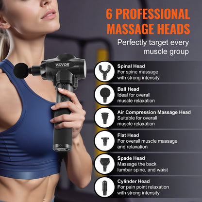 VEVOR Deep Tissue Massage Gun with 9 Speeds & 6 Heads - Handheld Percussion Massager for Muscle Pain Relief & Relaxation - Renee Lane Company